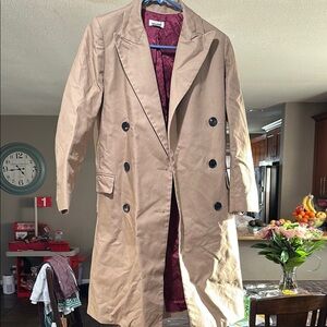 Tan Double-Breasted Coat with Burgundy Lining